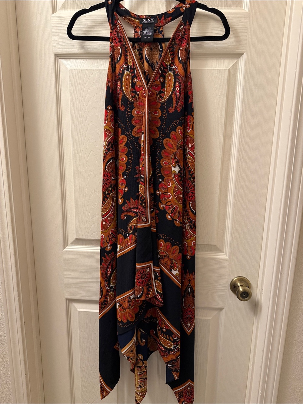 SLNY Black Paisley Handkerchief Hem Maxi Dress with Rust and Gold Accents